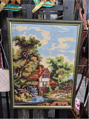 Vintage Framed Needlepoint Landscape, Cottage Mill Tapestry Wall Art, English